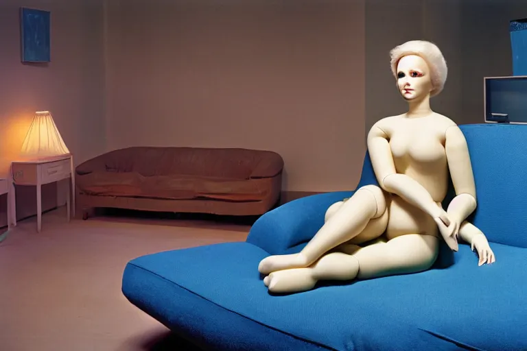 Image similar to an extremely realistic life-sized blow-up doll made of porcelain, model sitting on a deep blue couch, from 1985, bathed in the glow of a television, low-light photograph