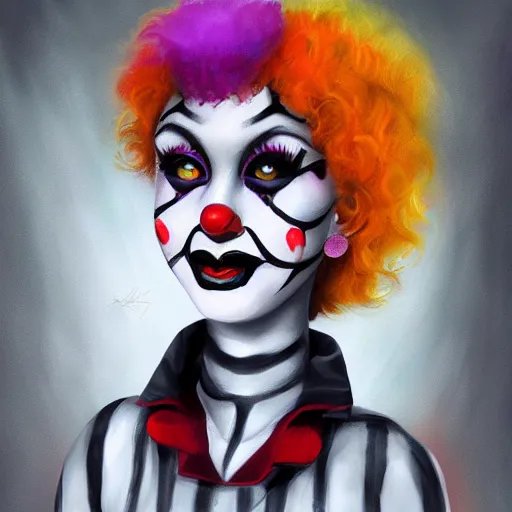 Image similar to goth clown girl, painting, highly detailed, artstation