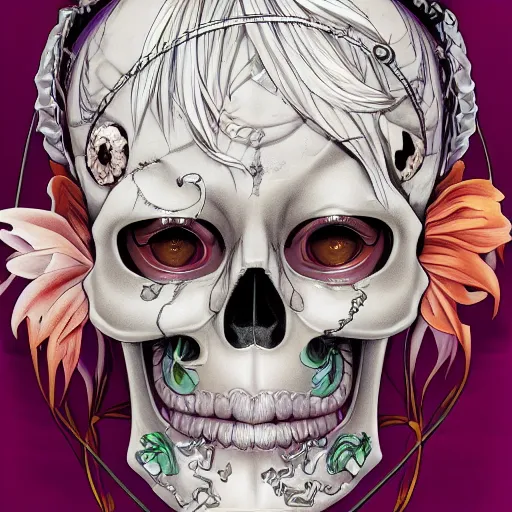 Prompt: portrait of a manga anime girl skull face detailed highres 4k by Trevor Brown and James Jean pop art nouveau