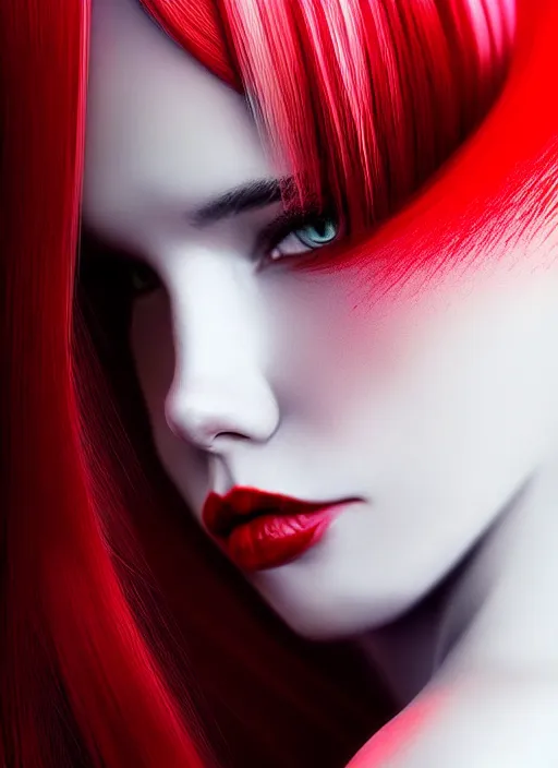 Image similar to photo of kerli koiv with red and white ombre in the style of stefan kostic, realistic, half body shot, sharp focus, 8 k high definition, insanely detailed, intricate, elegant, art by stanley lau and artgerm, foggy backgeound