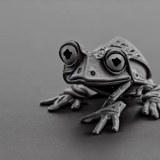 Image similar to symmetrical, film still of warhammer 4 0 k kermit the frog, studio lighting, depth of field, photography, black and white, highly detailed, action shot