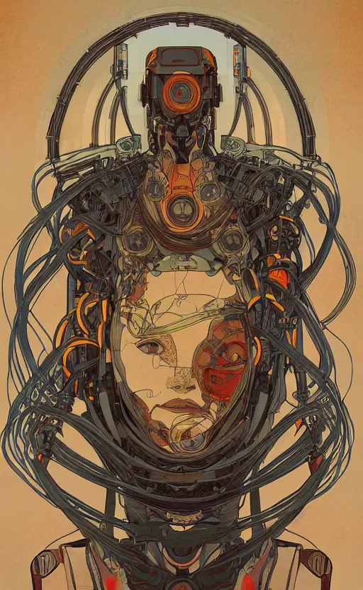 Prompt: upper half portrait of army mecha robot - wires and vines as design borders, art by alphonse mucha, highly detailed, digital painting, concept art, illustration, smooth sharp focus, intricate, symmetry, artstation, colourful,