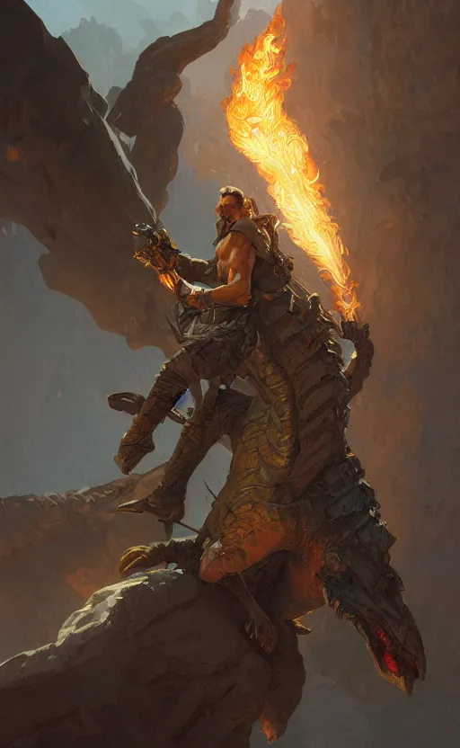 Prompt: '' Portrait of a rugged half-wyvern adventurer breathing fire, d&d, fantasy, high-body detail, digital painting, artstation, concept art, sharp focus, illustration, art by greg rutkowski and alphonse mucha ''