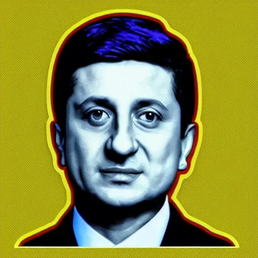 Image similar to volodymyr oleksandrovych zelensky president of ukraine. face like in his photographs. intricate sticker design by andy warhol