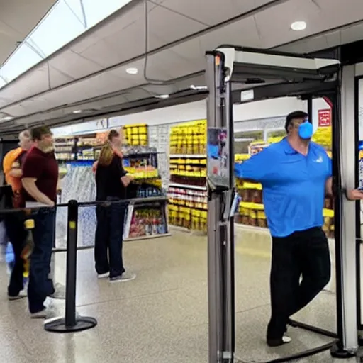 Image similar to determined man holds the automatic doors at Walmart open while straining and screaming and crowd looks on with awe
