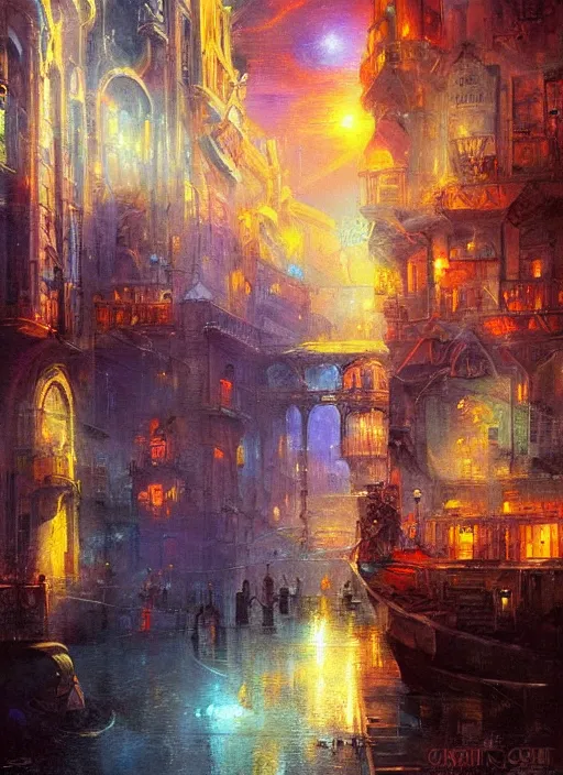 Prompt: ethereal starlit city of magic lost in time at sunset, italian futurism, art station, johan grenier, hd, digital painting