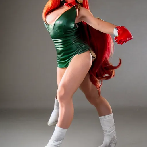 Image similar to cosplaying as cammy from street fighter, high kick, studio lighting, professional photograph