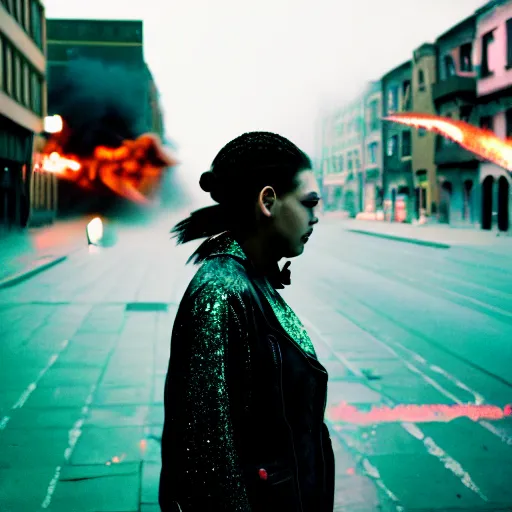 Image similar to Cinestill 50d candid photography of a city on fire, extreme wide shot a techwear mixed woman wearing thick mascara and dark glitter makeup crying outside of a city on fire, tattoos, extreme long shot, full shot, blurry, 4k, 8k, hd, full color