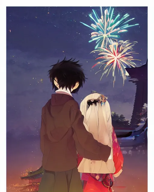 Prompt: beautiful anime painting of a boy and a brunette girl from behind at a shinto shrine looking up at the night sky illuminated by colorful new years fireworks, by WLOP and Slawek Fedorczuk and rossdraws, trending on artstation, concept art