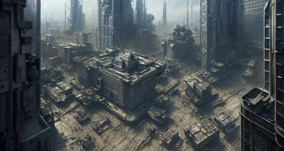 Image similar to hyper realistic sci - fi matte concept art painting of mecha standing on top of a building overlooking war in the streets, beautiful details, strong composition painted by kim jung guweta studio rutkowski, james gurney and greg rutkowski, and lucasfilm, smooth, intricate, detailed, sharp focus, cinematic