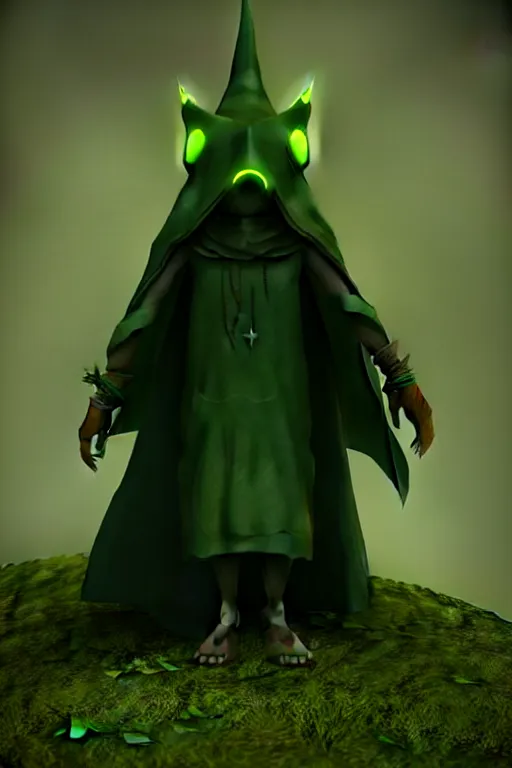 Image similar to A cute shaman with no nose, glowing eyes and a very long hooded dark green cloak of leaves by Vivien Lulkowski and Julien Kaspar, 3D render, stylized, Cycles Render