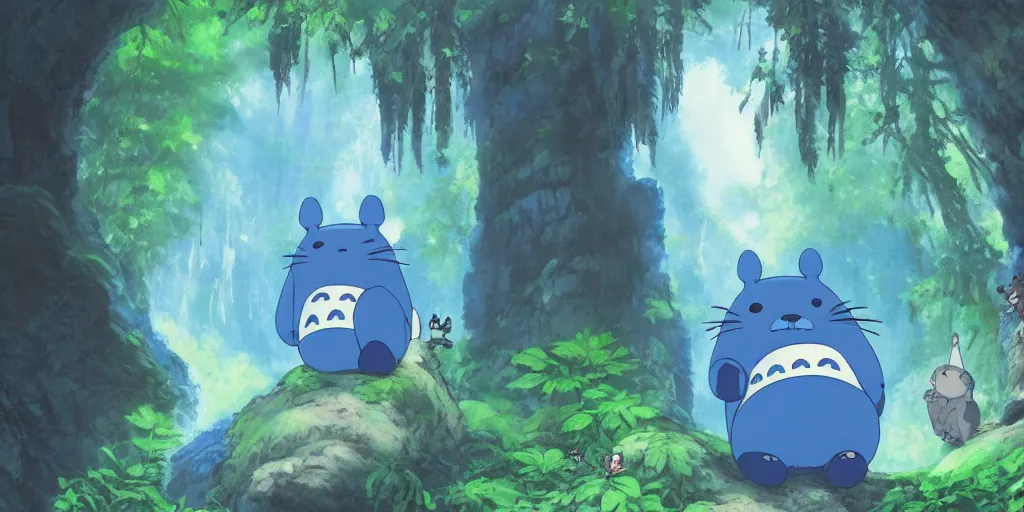 Image similar to blue bear shaped like totoro looking into large cave entrance in a lush forest with waterfalls, beautiful ambiance, studio ghibli style, by hayao miyazaki, sharp focus, highly detailed, 4k