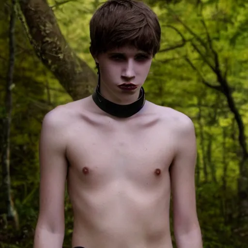 Image similar to a teenage boy, around 2 2 yo. choker necklace. natural brown hair. loincloth, pale skin. detailed face. ominous and eerie. natural colors. hyperrealistic photo.