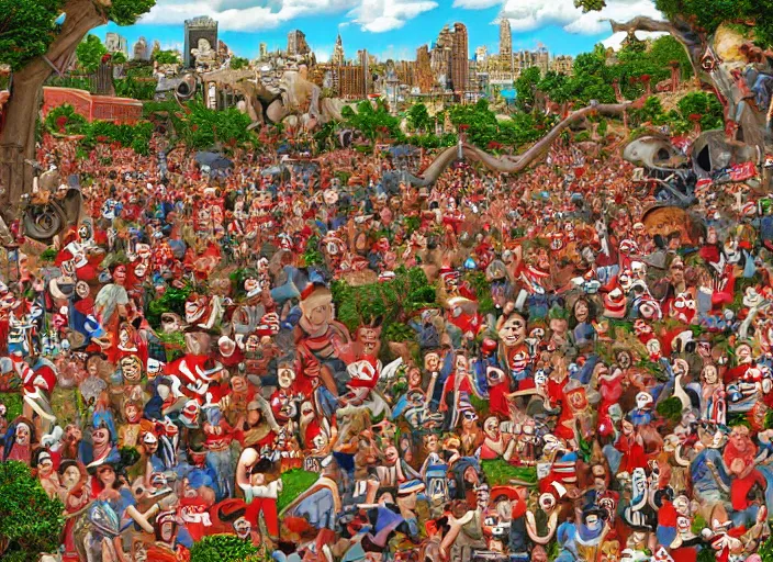 Prompt: where's waldo, lowbrow, matte painting, 3 - d highly detailed, in the style of kenny schaffer,