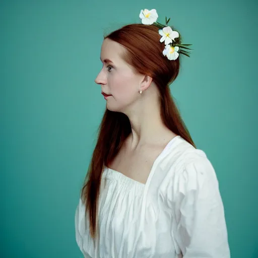Prompt: a photograph of beautiful nordic woman wearing a white folkdrakt dress, she has a summer flower headband. against a teal studio backdrop. medium close - up. strong kodak portra 4 0 0 film look. film grain.