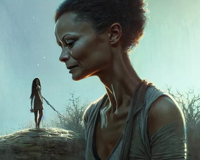 Image similar to highly detailed portrait of thandie newton in the walking dead, stephen bliss, unreal engine, fantasy art by greg rutkowski, loish, rhads, ferdinand knab, makoto shinkai and lois van baarle, ilya kuvshinov, rossdraws, tom bagshaw, global illumination, radiant light, detailed and intricate environment