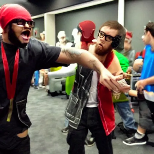 Image similar to a stereotypical nerd rap battles a stereotypical gamer geek at a convention, hd, standoff