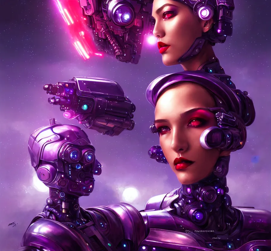 Image similar to cyber female with purple mechanic eyes and red lips and metallic skin, face, sci - fi, metal, constellation cyberpunk city on background, breathtaking stars, elegant, highly detailed, digital painting, artstation, concept art, smooth, sharp focus, spiritual art, art by artgerm and greg rutkowski and alphonse mucha, psychedelic, illustration,