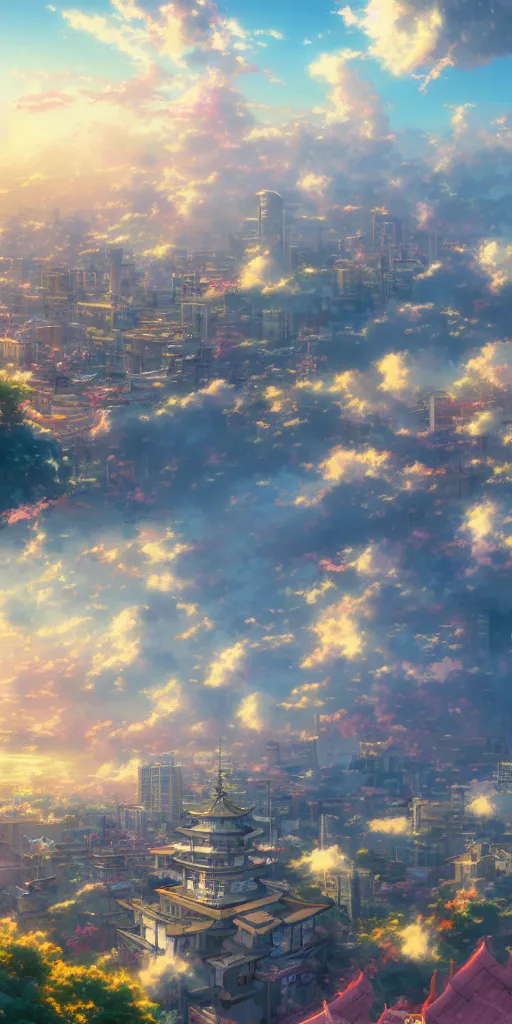 Prompt: aerial anime illustration of beijing, morning light, birds, buildings, flowers, cumulus clouds, by makoto shinkai thomas kinkade, james gilleard, wide angle, deviantart, cgsociety, 4 k vertical wallpaper