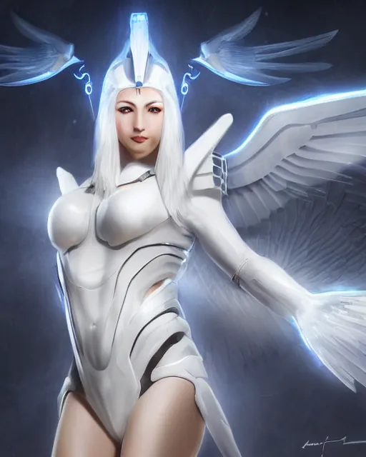 Image similar to perfect white haired attractive egyptian goddess with huge white dove wings, warframe armor, beautiful, symmetric, dreamy, half asian, pretty face, blue eyes, detailed, scifi platform, laboratory, experiment, 4 k, ultra realistic, epic lighting, android body, illuminated, cinematic, masterpiece, art by akihito tsukushi, voidstar