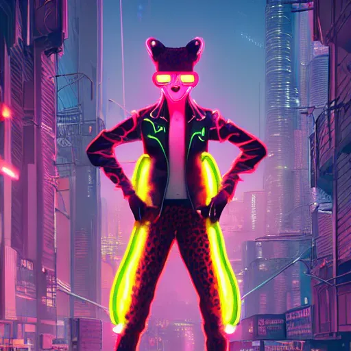 Prompt: a beautiful commission of an anthropomorphic cheetah wearing a neon jacket with mohawk hair,standing on the street,futuristic,detailed face,character design by charles bowater,mohawk,cyberpunk style,deviantart,artstation,art by greg rutkowski,ross tran,professional lighting,neon city,night,raytracing,rtx