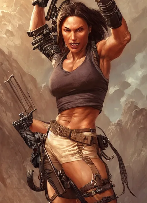 Image similar to muscled Lara Croft grinning as a ruggedly handsome heroine, intricate, elegant, highly detailed, centered, artstation, concept art, smooth, sharp focus, illustration, bokeh art by artgerm and donato giancola and Joseph Christian Leyendecker, WLOP