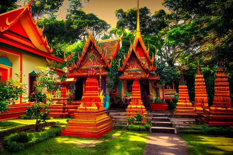 Prompt: summer morning, thai temple, rolling mountain, very coherent and colorful high contrast, art, dark shadows, hard lighting