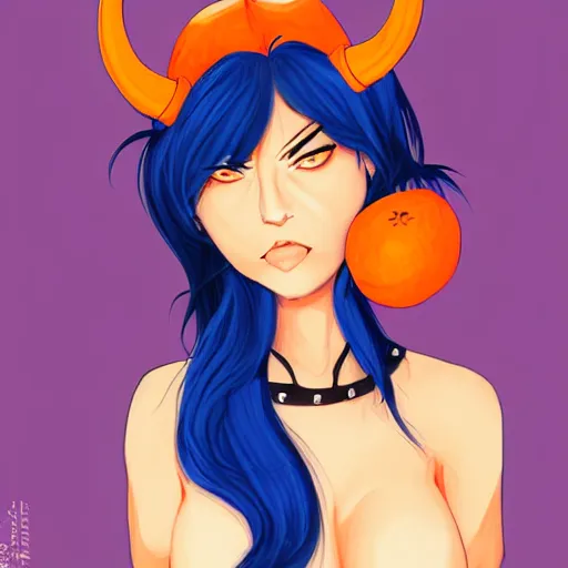 Prompt: horned devil woman with blue bob hairstyle and with orange colored skin and with solid black eyes wearing leather by rossdraws