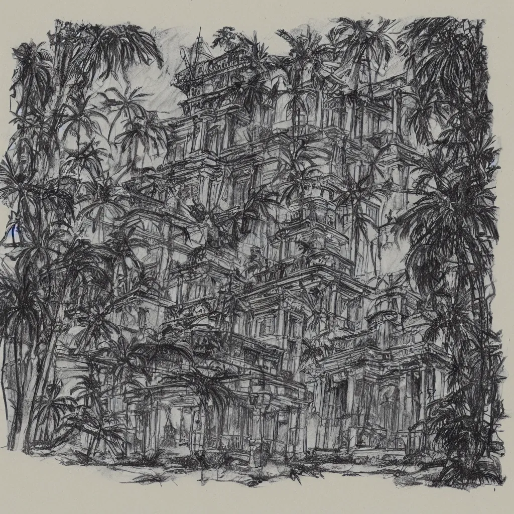 Image similar to vintage architectural drawing black and white sketch on yellowed paper. the sketch depicts an alien temple in a jungle