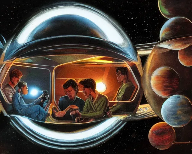 Image similar to an illustration of the crew of a spaceship are huddled over a glowing console, by barclay shaw