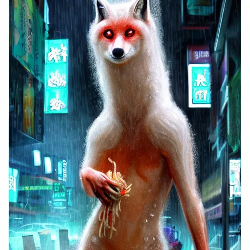 Image similar to white - furred anthropomorphic female vulpes vulpes fulva, eating noodles, in the rain by a noodle kiosk, in crowded and wet street of a city, cyberpunk, harsh neon lights, highly detailed, digital painting, trending on artstation, concept art, sharp focus, illustration, art by artgerm and greg rutkowski and magali villeneuve