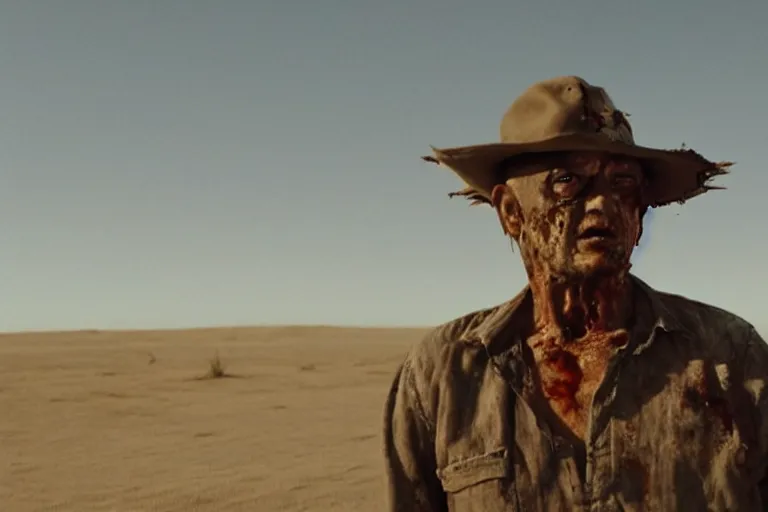 Prompt: zombie Tuco Salamanca in the desert, upper body shot, movie still, photorealistic, clean composition, real shot