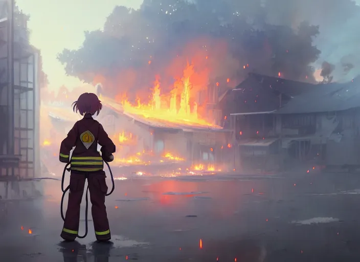 Image similar to firefighter girl, crumbling building background arson landscape illustration concept art anime key visual trending pixiv fanbox by wlop and greg rutkowski and makoto shinkai and studio ghibli and kyoto animation fireproof clothing hardware gear