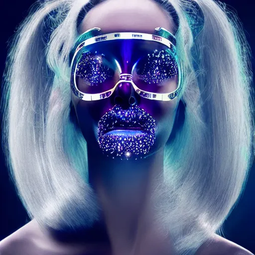 Prompt: portrait of a beautiful futuristic woman layered with high-tech jewelry wrapping around her face and head, 2067