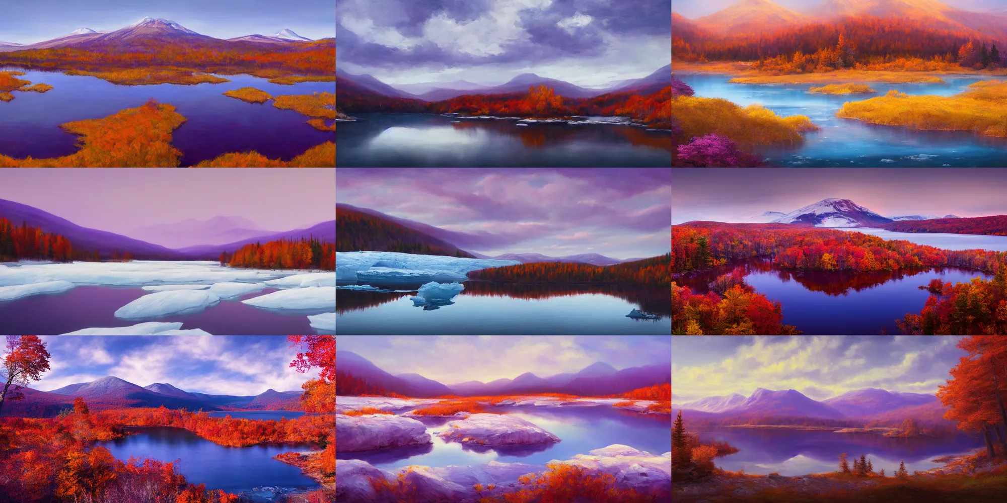 Prompt: landscape portrait of the great purple lake in the ice mountain range, new england autumn by Noah Bradley, digital art trending on artstation