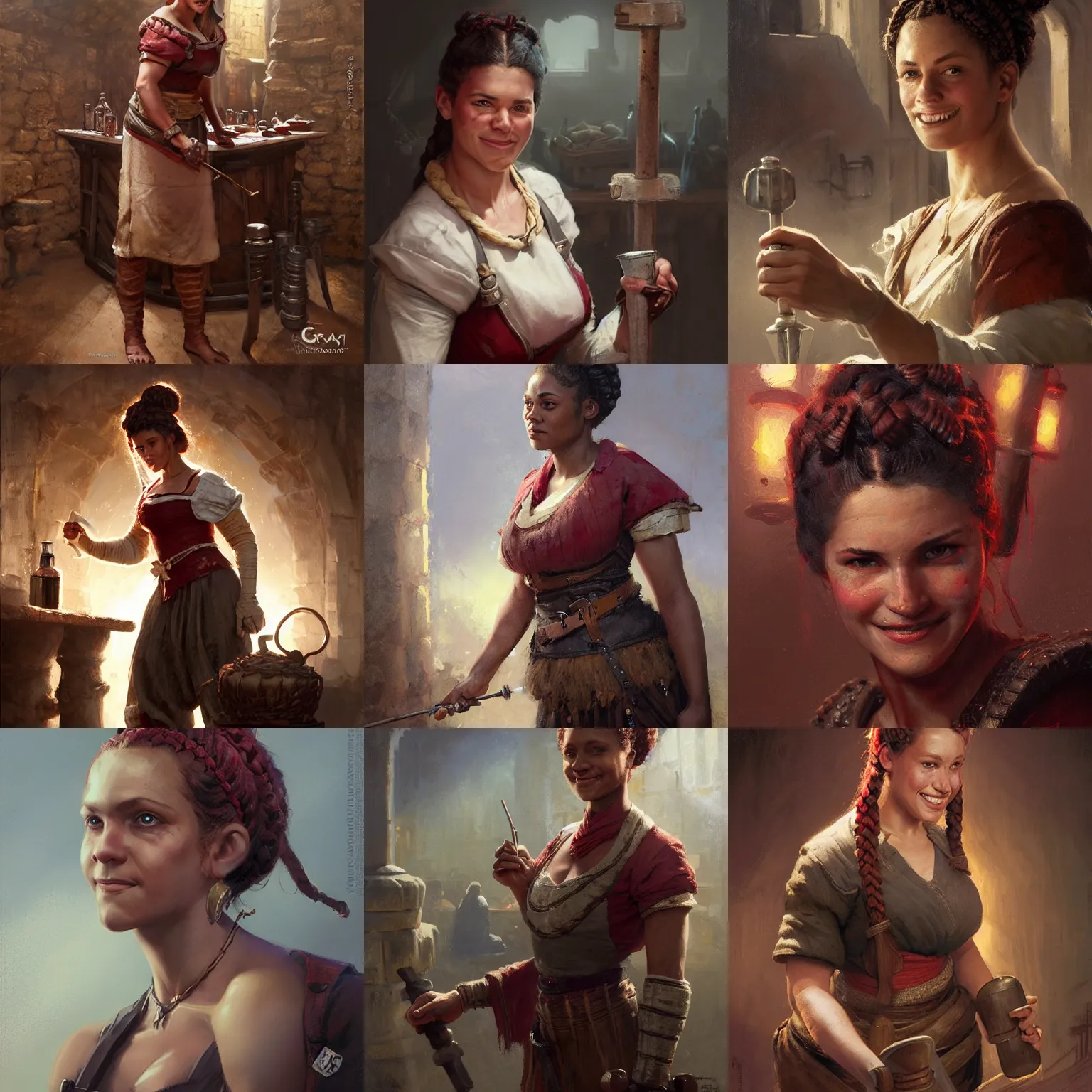 Prompt: a medieval barkeep from Trinidad, female, crimson single french braid bun, sarcastic and friendly, athletic crossfit build, smirking, fantasy character portrait by Greg Rutkowski, Craig Mullins, Gaston Bussiere