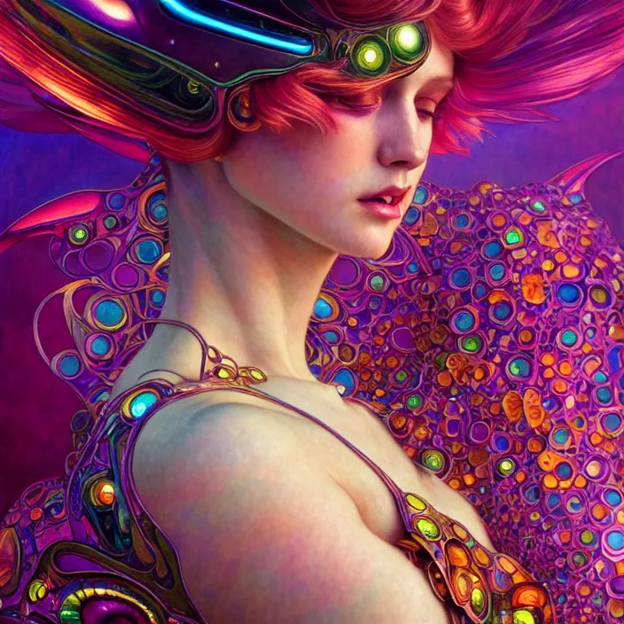 Prompt: bright psychedelic portrait of shiny organic cyborg, wings, diffuse lighting, fantasy, intricate, elegant, highly detailed, lifelike, photorealistic, digital painting, artstation, illustration, concept art, smooth, sharp focus, art by John Collier and Albert Aublet and Krenz Cushart and Artem Demura and Alphonse Mucha