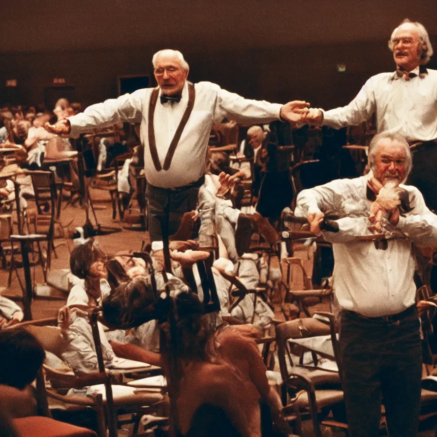 Prompt: 7 0 s movie still of an old man in a soviet ballroom with multiple hands on the floor, cinestill 8 0 0 t 3 5 mm, heavy grain, high quality, high detail