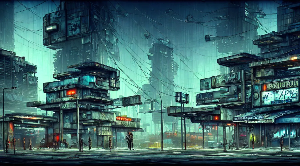 Image similar to post apocalyptic cyberpunk police station, building, avenue, urban architecture, americana architecture, concrete architecture, cloudy sky, paved roads, by guido borelli, by boris vallejo trending on artstation, photorealistic, wild vegetation, utopian, futuristic, blade runner, vivid colors scheme, neon signs, sharp, clear, focus