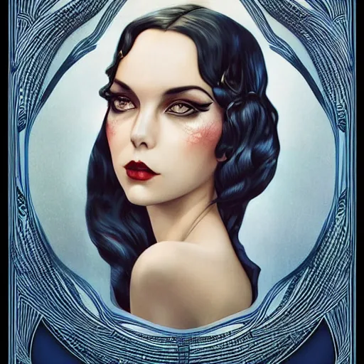 Image similar to an art nouveau, ( streamline moderne ), multi - racial portrait in the style of anna dittmann and charlie bowater and chanthara. very large, clear, expressive, and intelligent eyes. centered, ultrasharp focus, dramatic lighting, photorealistic digital matte painting, intricate symmetrical ultra detailed background.