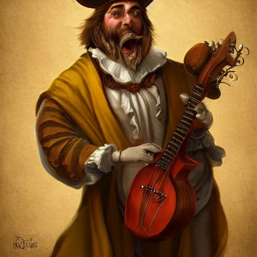 Image similar to anthropomorphic nymphicus hollandicus bard, yellow robe, playing a mandolin, digital art, d & d, character art, trending on artstation