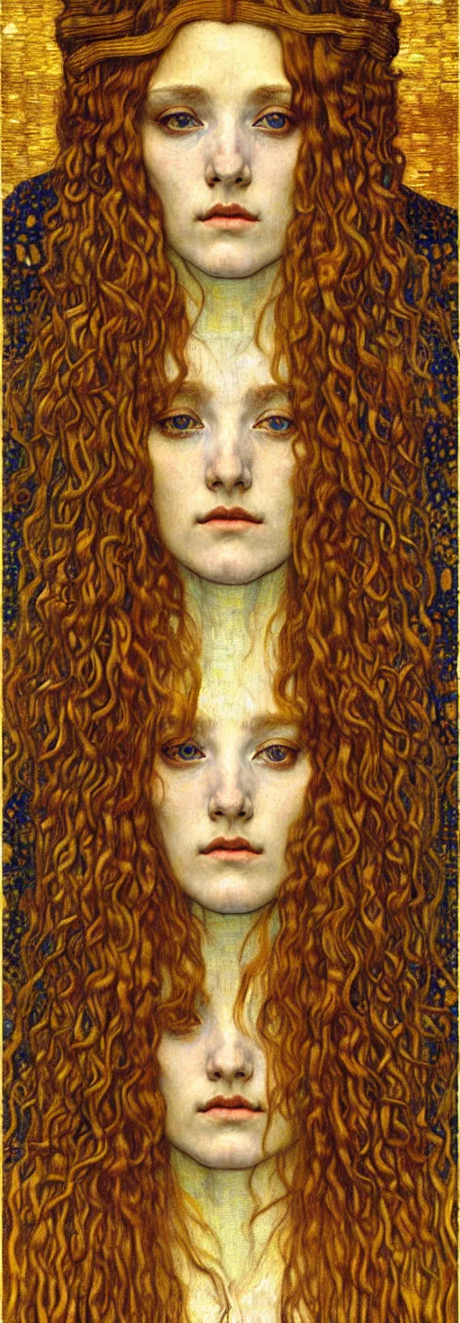 Image similar to detailed realistic beautiful young medieval queen face portrait by jean delville, gustav klimt and vincent van gogh, art nouveau, symbolist, visionary, gothic, pre - raphaelite, muted earthy colors, desaturated