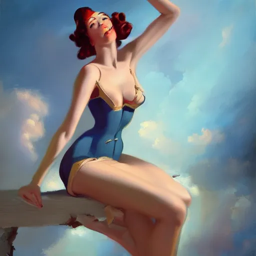 Image similar to a painting in the style of gil elvgren and in the style of peter mohrbacher.