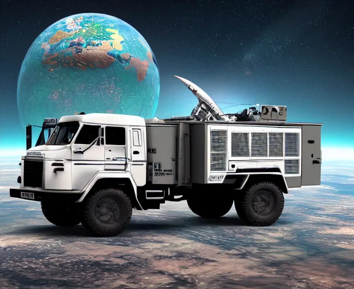 Image similar to russian truck zil - 1 3 0 fly in space in orbit of the planet earth, hyper detailed, hight detailed, futuristic, ultra realistic, cyberpunk, steampunk, no blur, 8 k