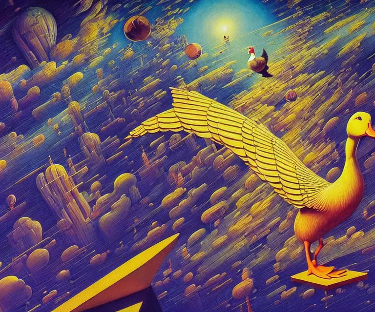 Image similar to hyper detailed 3d render like a Oil painting - a cartoon duck launching itself far above the earth into deep space, by Jacek Yerka, Mariusz Lewandowski, Houdini algorithmic generative render, Abstract brush strokes, Masterpiece, Edward Hopper and James Gilleard, Zdzislaw Beksinski, Mark Ryden, Wolfgang Lettl, hints of Yayoi Kasuma, octane render, 8k