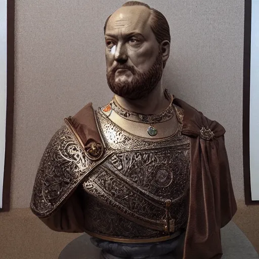 Prompt: beautiful lifelike award winning marble statue bust of henry viii trending on art station artgerm greg rutkowski alphonse mucha museum quality cinematic atmospheric