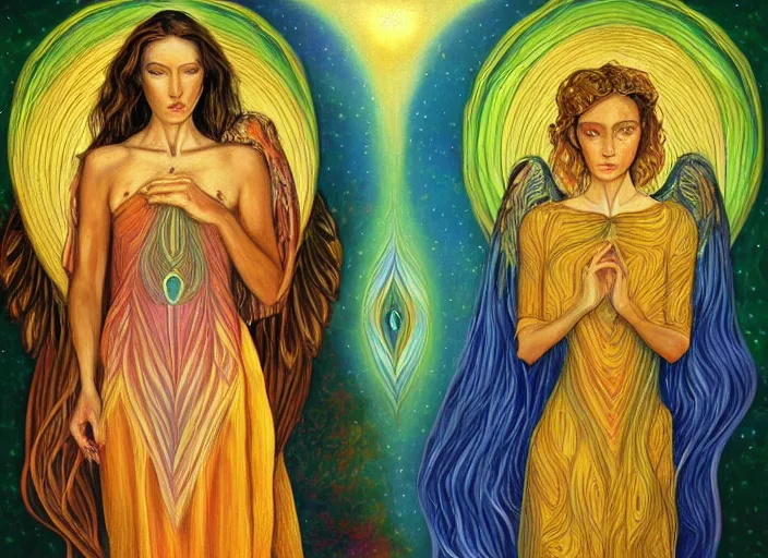 Prompt: a painting of two women standing in front of an angel, digital art by Amanda Sage, deviantart, psychedelic art, mystical, sense of awe, lovecraftian