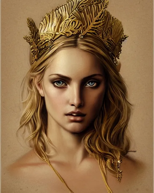 Image similar to front view of beautiful aphrodite greek goddess wearing a gold laurel wreath and triangle earrings, realism tattoo sketch, beautiful piercing eyes with sharp pupils, beautiful blonde hair, in the style of greg rutkowski, fantasy, amazing detail, epic, elegant, smooth, sharp focus