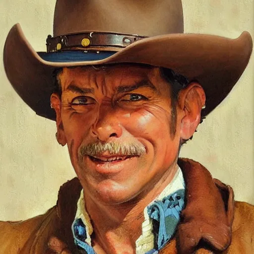 Image similar to portrait illustration of a man, cowboy hat, portrait, , wild west, fantasy, highly detailed, oil painting, illustration, art by Charles E. Chambers, J. C. Leyendecker and norman rockwell. Trending face portrait paintings