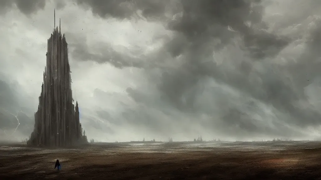 Image similar to epic storm by greg rutkowski the last tower. sand. lonely hero on lonely path trail. ominous. 3 8 4 0 x 2 1 6 0